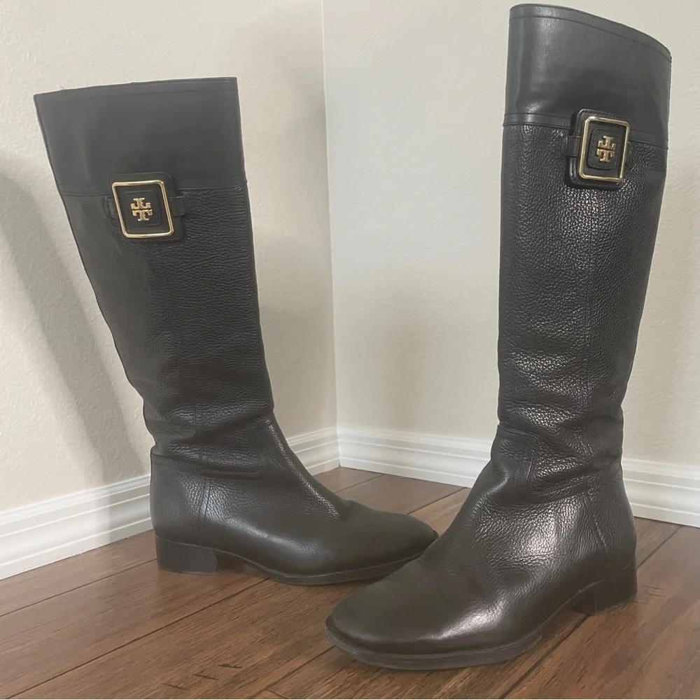 Tory Burch black grained leather riding boots zip up knee high boots vintage